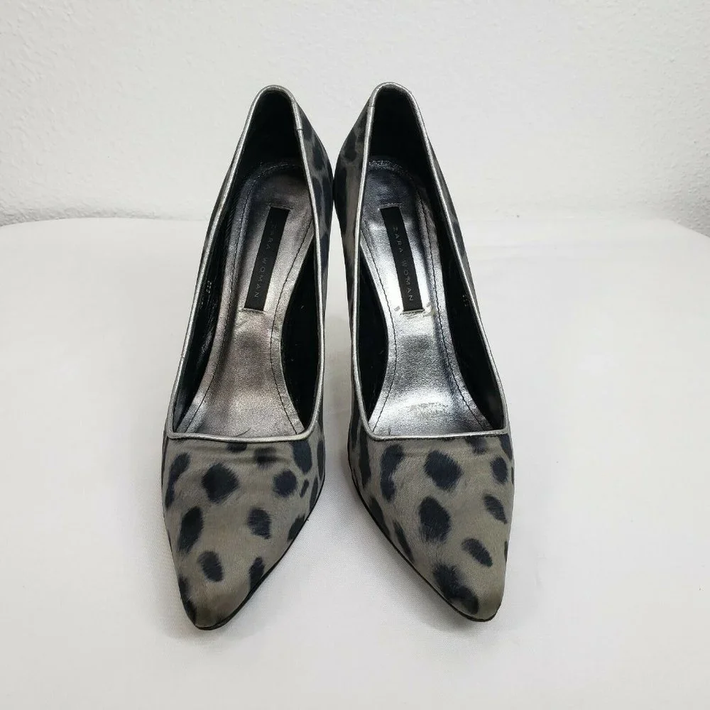 Zara Woman Heels Court Dress Pumps Size 39 Black Silver Cheetah‎ Print